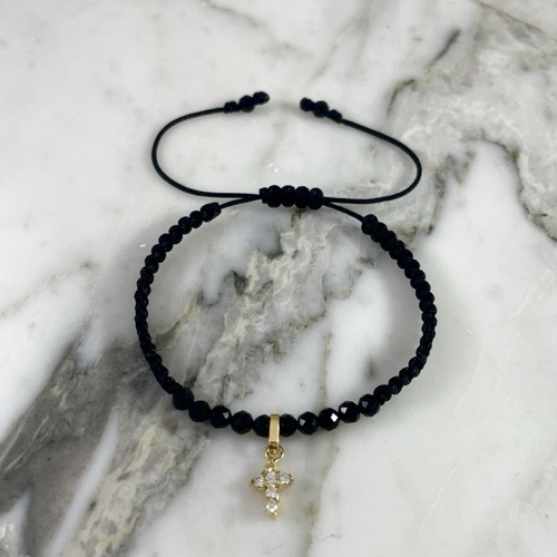 Shiny Black Agate Cross Bracelet